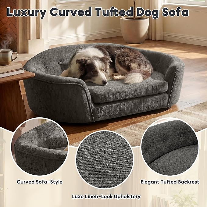 Dog Couch Bed with Oval Semi-Enclosed, Durable Linen Material Pet Sofa with Soft Foam Cushion, Dog Sofa Bed with Legs for Medium Dogs, Dark Grey