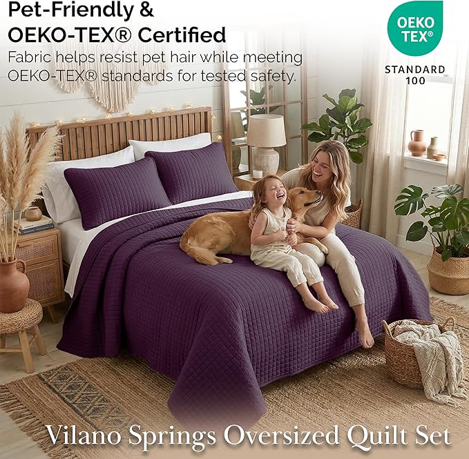 Southshore Fine Living, Inc. Quilts, Queen Size/Full Size Quilt Bedding Set, Stain & Pet Hair Resistant Bedding, Coverlet Queen Size/Full Size Lightweight Bedspread with 2 Pillow Shams, Purple