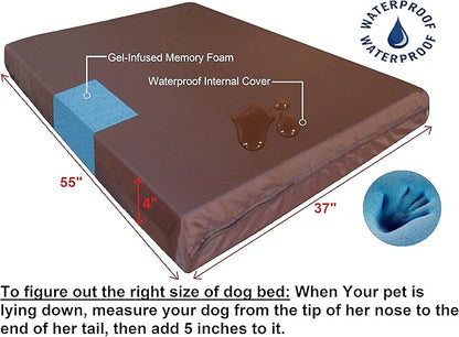 Dogbed4less Orthopedic Gel Memory Foam Dog Bed for Large Dog, Waterproof Liner and Durable Pet Bed Cover, XXL 55X37X4 Inch, 1680 Nylon in Brown.