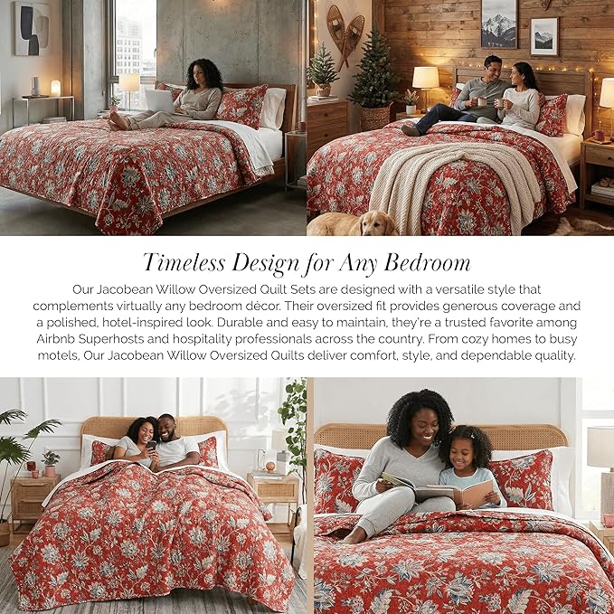 Southshore Fine Living, Inc. Oversized Full/Queen Quilt Bedding Set, Jacobean Willow Floral Quilt Set Queen or Full Size with 2 Matching Pillow Shams, Lightweight Bedspread, Soft and Cozy, Red