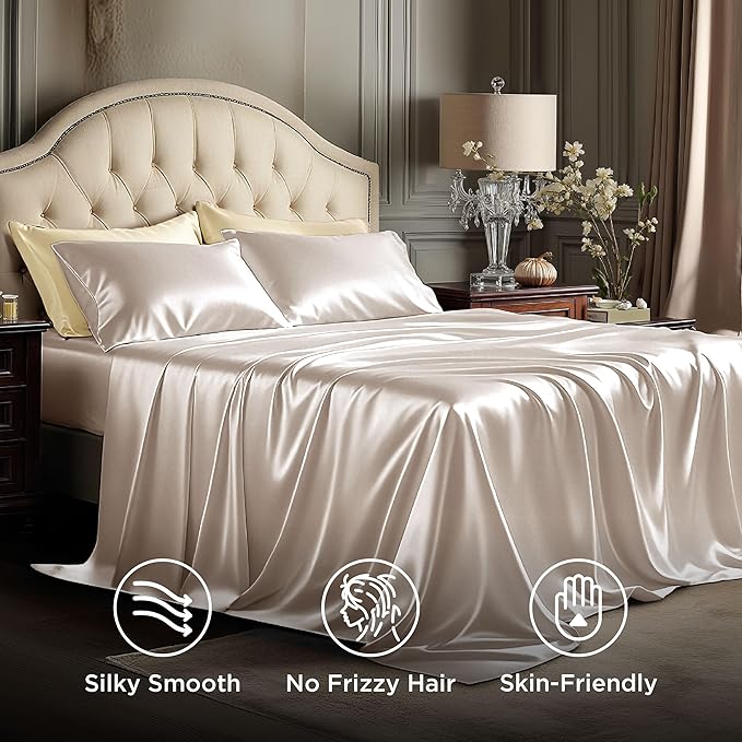 Bedsure Satin Sheets Queen Size - 4 Piece Silky Bedsheets with Elastic Corner Straps and 15 Inches Deep Pocket Fitted Bedsheet,1 Flat Sheet, 2 Satin Pillowcases, Good for Hair & Skin (Queen, Beige)