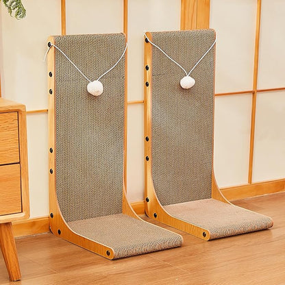 Value 2-Pack 23.6 Inch L-Shaped Cardboard Cat Scratcher, Dual Use (Vert/Horiz) Scratch Pad with Toy Balls, Wall-Mountable Furniture Protector Cat Scratchers for Indoor Cats