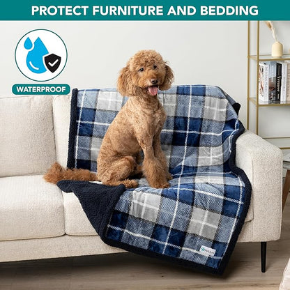 PetAmi Waterproof Dog Blanket for Medium Large XL Dog Puppy Cat Throw for Couch Cover Leakproof Protection, Sherpa Fleece, Reversible Soft Washable 80x60 Plaid Navy Blue