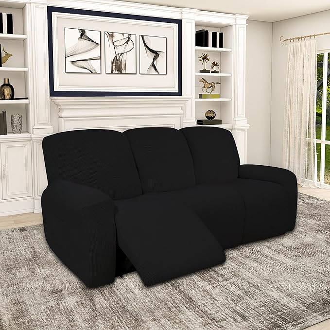 Easy-Going 100% Dual Waterproof Recliner Sofa Cover, 8-Pieces Stretch Relining Couch Cover with Pocket, Jacquard 3 Seat Sofa Slipcover Leakproof Washable (Sofa, Black)