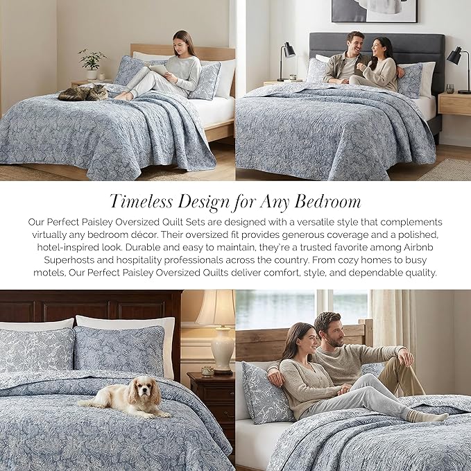 Southshore Fine Living, Inc. Paisley Quilt Queen Size Bedding Set, Full Size Quilted Coverlet, Boho Bedspreads Queen Size Set with Two Matching Pillow Shams, Full/Queen, Reversible Blue