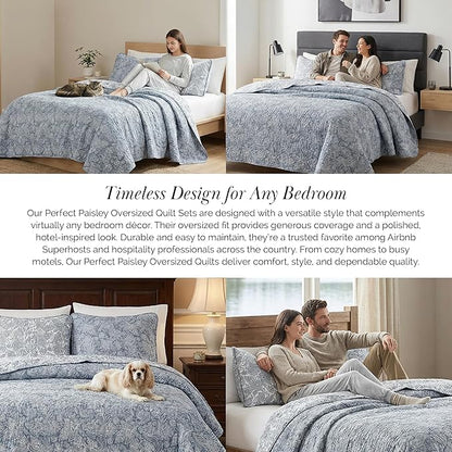 Southshore Fine Living, Inc. Paisley Quilt Queen Size Bedding Set, Full Size Quilted Coverlet, Boho Bedspreads Queen Size Set with Two Matching Pillow Shams, Full/Queen, Reversible Blue