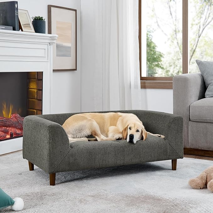 Dog Sofa Couch for Medium Dogs with Backrest and Armrest, Memory Foam Dog Sofa Bed, Modern Elevated Pet Couch Bed with Wooden Legs, Dark Grey