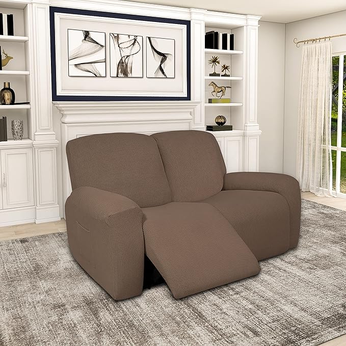 Easy-Going 100% Dual Waterproof Recliner Loveseat Cover, 6-Pieces Stretch Relining Sofa Cover with Pocket, Jacquard 2 Seat Sofa Slipcover Leakproof Washable (Loveseat, Brown)