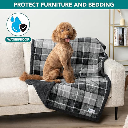 PetAmi Waterproof Dog Blanket for Medium Large Dog Puppy Cat Throw for Couch Cover Leakproof Protection, Sherpa Fleece, Reversible Soft Washable 60x40 Plaid Charcoal Gray