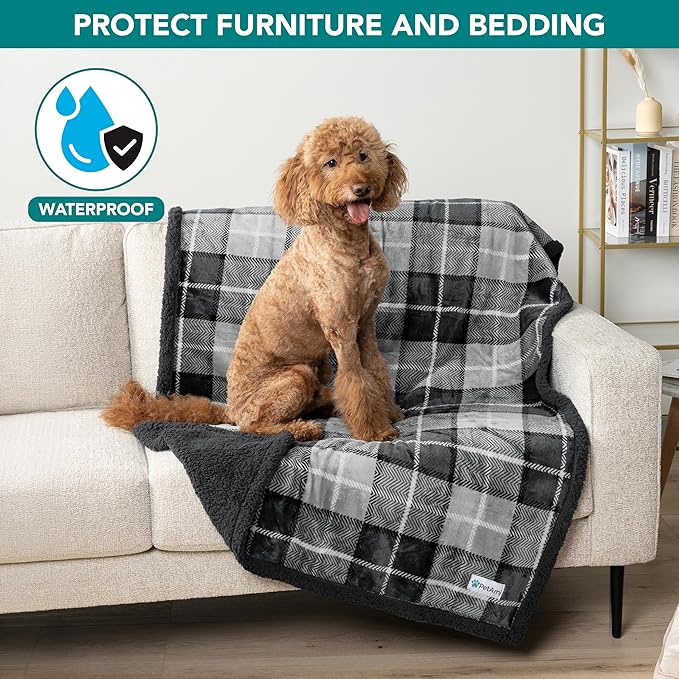 PetAmi Waterproof Dog Blanket for Bed, XL Dog Pet Blanket Couch Cover Protection, Sherpa Fleece Leakproof Bed Blanket for Crate Kennel Sofa Furniture Protector, Reversible Soft 80x60 Light Gray/Gray