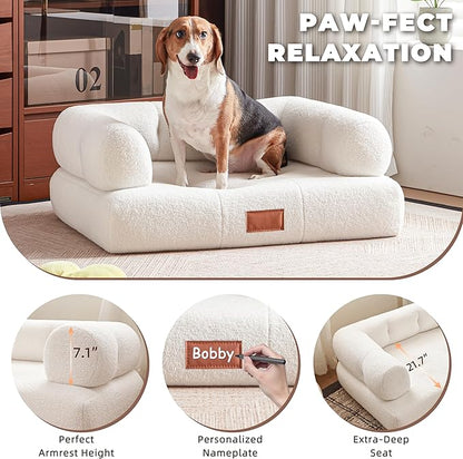 White Faux Shearling Dog Couch Bed for Large Dogs Under 70 lbs, 33.9 Inch Modern Tufted Elevated Dog Sofa with Leather Nameplate, Indoor Furniture Style Cute Raised Pet Sofa Bed (Large)