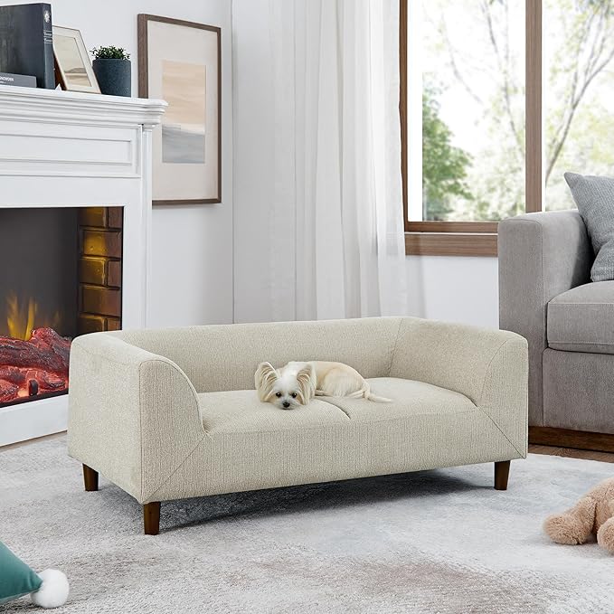 Dog Sofa Bed for Medium Dogs with Backrest and Armrest, Memory Foam Dog Sofa Couch, Modern Elevated Pet Couch Bed with Wooden Legs, Beige