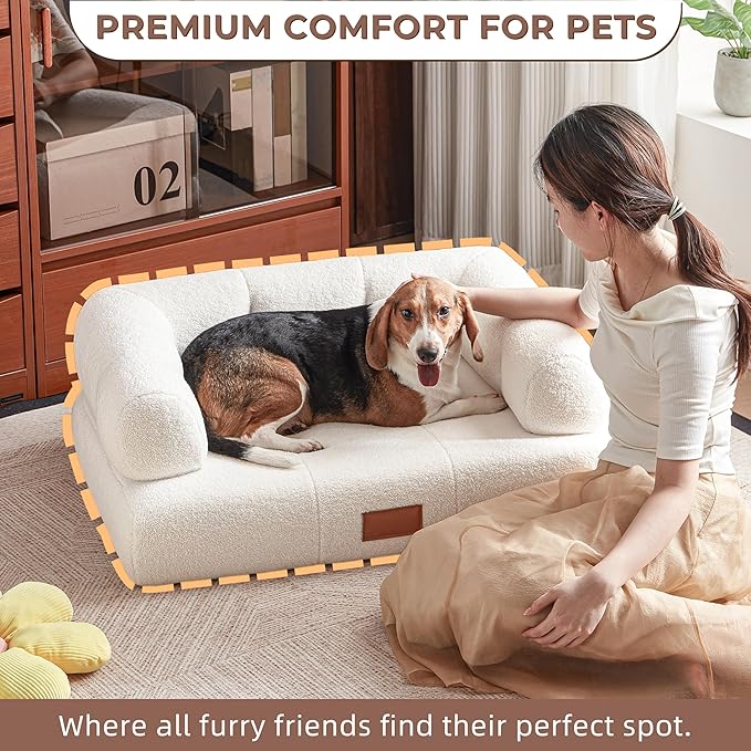 White Faux Shearling Dog Couch Bed for Large Dogs Under 70 lbs, 33.9 Inch Modern Tufted Elevated Dog Sofa with Leather Nameplate, Indoor Furniture Style Cute Raised Pet Sofa Bed (Large)