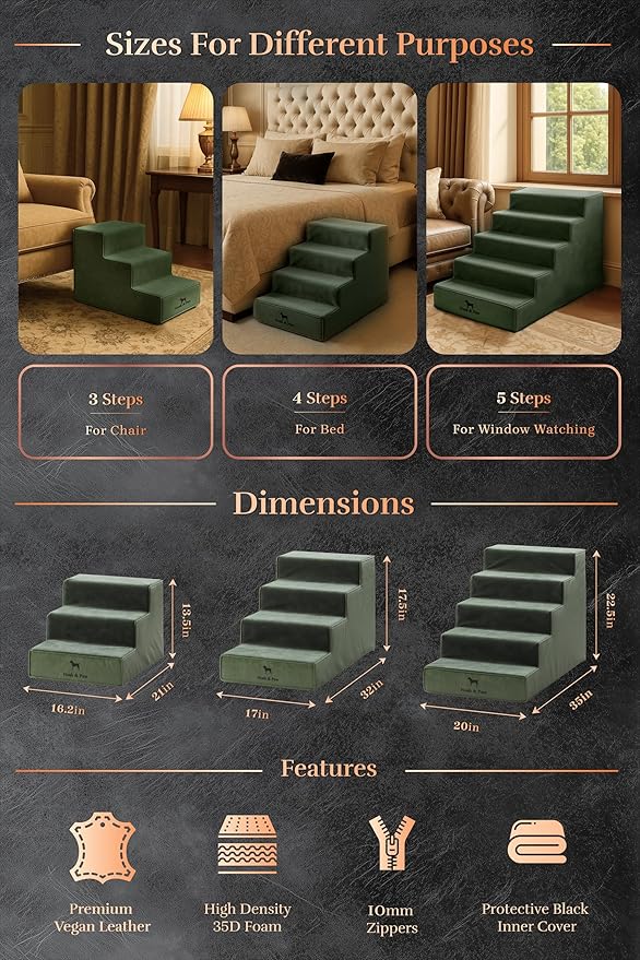 Noah & Paw Dog Stairs, Dog Ramp for Bed (16" Extra Wide) Pet Stairs for High Bed, Design to Fit Small and Large Breeds, Durable 3 Pet Steps for Couch (35 Foam Density) Leather Collection