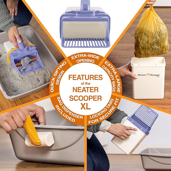 Neater Pet Brands Neater Scooper XL Cat Litter Scoop, 60 Refill Bags – Extra-Large Capacity Mess-Free Cat Litter Scooper with Bag for Large & Multiple Cats, Spill-Proof Litter Box Scooper with Holder