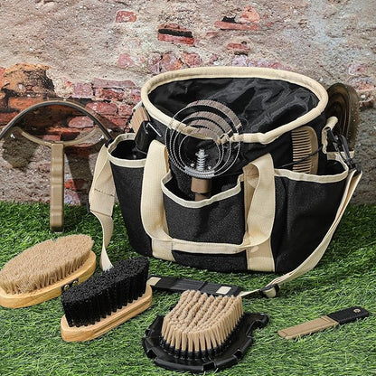Abbylike 12 Pieces Horse Grooming Kit with Organizer Tote Bag Tack Room Supplies Horse Brush Sets Equine Care Cleaning Kit Shedding Grooming Massaging Tools(Black and Dark Grey)