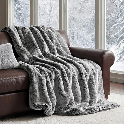 EVERGRACEHOME Luxury Soft Faux Chinchilla Fur Throw Blanket for Couch, Warm Thick Heavy Winter Throw Blanket 1220GSM for Bed, Fluffy Cozy Mink Blanket with Reversible Velvet, Onyx Mink, 50"x60"