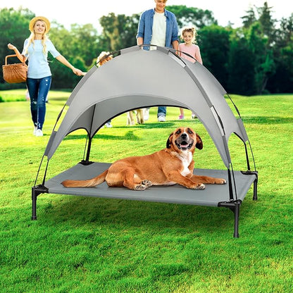 Heeyoo Elevated Dog Bed with Canopy, Portable Dog Cot with Removable Shade Tent, Outdoor Raised Pet Cot Cooling Bed for Dogs