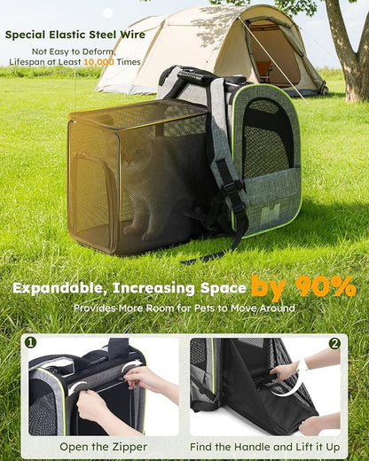 Pecute Cat Backpack Carrier Expandable , Foldable Pet Backpack for Cats & Small Dogs Up to 11lbs, with 4-Side Breathable Mesh, Multi-Entry & Lockable Zippers for Travel, Hiking, Camping - Hands Free,
