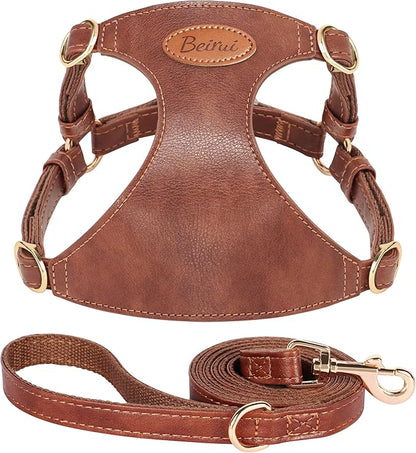 Beirui ‌Stylish PU Leather Dog Harness‌ and Leash Set for Small Dogs, ‌Adjustable Step in Puppy Harness with Breathable Mesh Lining and Durable Metal Buckle for Walking Traveling(Brown,XS)