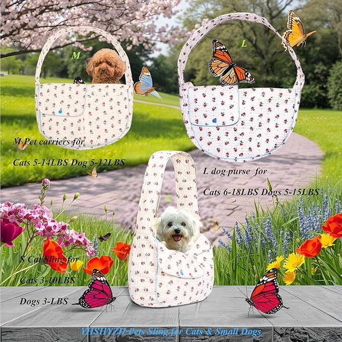 Flower Pet Sling Carrier for Small Dogs and Cats, Breathable Cotton Cats Carrier Purse，Floral Print Puppy Bag 5-10 Lbs, Hand Free Travel Chest Cat Sling, Gifts for Pet Mom Girls（White, Small