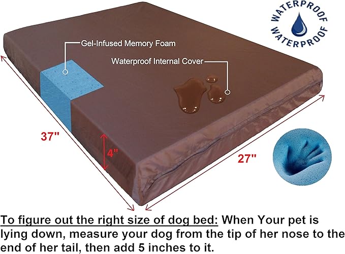 Dogbed4less Ultimate Memory Foam Dog Bed, Orthopedic Joint Relief for Small Medium to Extra Large Dogs with Waterproof Liner and Durable Machine Washable Pet Bed Cover, Ballistic in Brown, Large 37x27