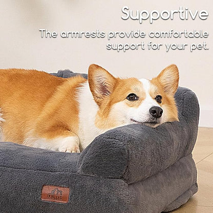 Hollypet Fluffy Plush Dog Cat Pet Couch Soft Calming Sofa Bed for Medium Small Cats and Dogs, Gray, M