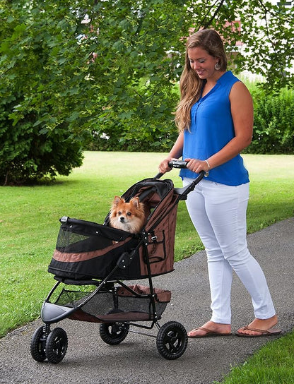 Pet Gear No-Zip Special Edition 3 Wheel Pet Stroller for Cats/Dogs, Zipperless Entry, Easy One-Hand Fold, Removable Liner, Cup Holder, Chocolate