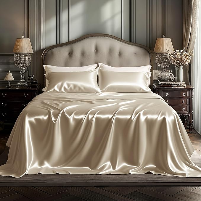 Bedsure Satin Sheets Queen Size - 4 Piece Silky Bedsheets with 15 Inches Deep Pocket Fitted Bedsheet,1 Flat Sheet, 2 Satin Pillowcases, Good for Hair & Skin (Queen, Khaki)