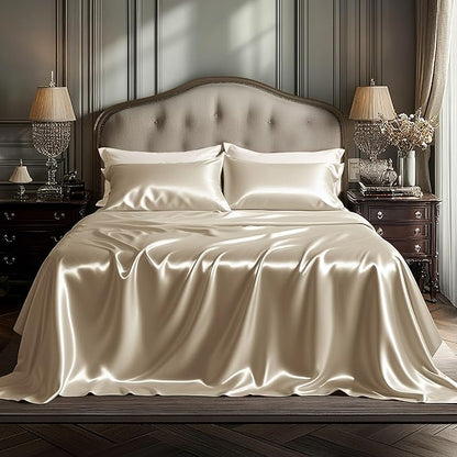 Bedsure Satin Sheets Queen Size - 4 Piece Silky Bedsheets with 15 Inches Deep Pocket Fitted Bedsheet,1 Flat Sheet, 2 Satin Pillowcases, Good for Hair & Skin (Queen, Khaki)