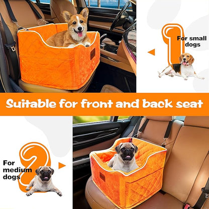 Dog Car Seat for Small Medium Dogs, Detachable Washable Dogs Booster Seat Under 35lbs, Elevated Dog Car Bed with Storage Pockets (Orange, One Size)