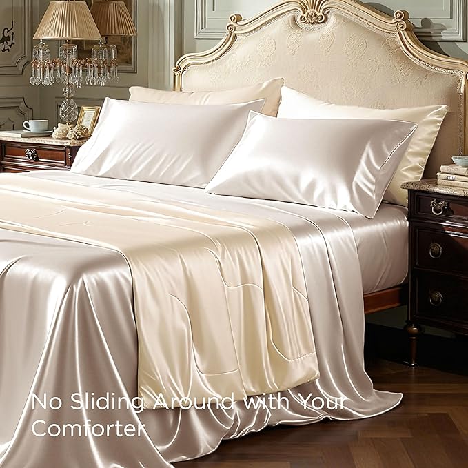 Bedsure Satin Sheets Queen Size - 4 Piece Silky Bedsheets with Elastic Corner Straps and 15 Inches Deep Pocket Fitted Bedsheet,1 Flat Sheet, 2 Satin Pillowcases, Good for Hair & Skin (Queen, Beige)