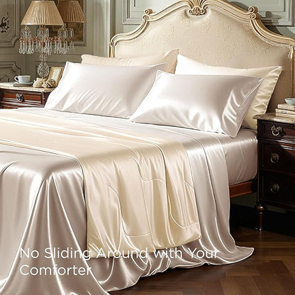 Bedsure Satin Sheets Queen Size - 4 Piece Silky Bedsheets with Elastic Corner Straps and 15 Inches Deep Pocket Fitted Bedsheet,1 Flat Sheet, 2 Satin Pillowcases, Good for Hair & Skin (Queen, Beige)