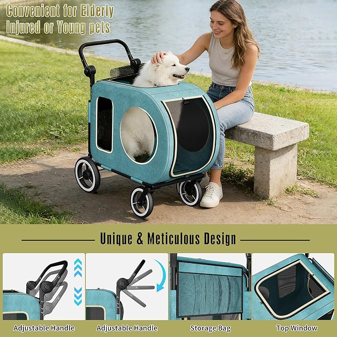 kepptory Dog Stroller with Large Dog House, XL Pet Stroller for 2 Small Dogs with Panoramic Sunroof, Adjustable Handle, Storage Organizer and Sturdy Metal Frame,32.4Lx19.3Wx23.6H(House Size)