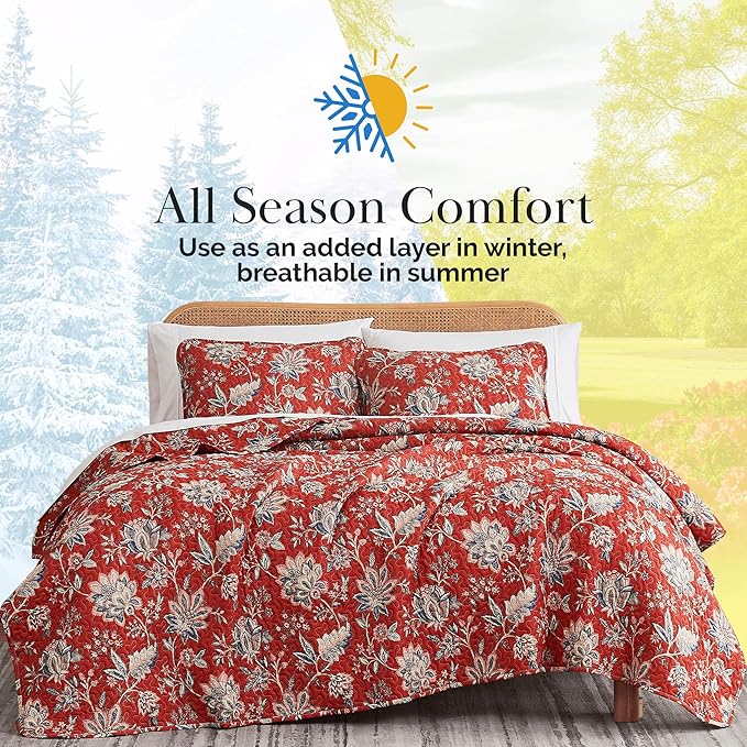 Southshore Fine Living, Inc. Oversized King Quilt Bedding Set, Jacobean Willow Floral Quilt Set with 2 Matching Pillow Shams, Lightweight California King Bed Spread, Soft Microfiber Fabric, Red