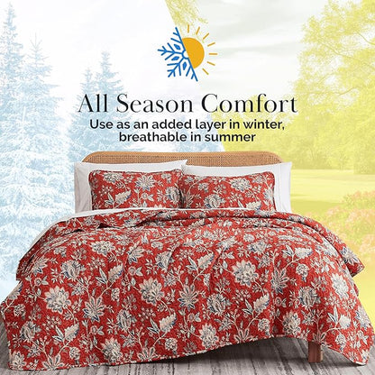 Southshore Fine Living, Inc. Oversized Full/Queen Quilt Bedding Set, Jacobean Willow Floral Quilt Set Queen or Full Size with 2 Matching Pillow Shams, Lightweight Bedspread, Soft and Cozy, Red