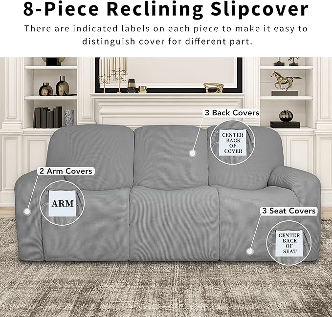Easy-Going 100% Dual Waterproof Recliner Sofa Cover, 8-Pieces Stretch Relining Couch Cover with Pocket, Jacquard 3 Seat Sofa Slipcover Leakproof Washable (Sofa, Light Gray)