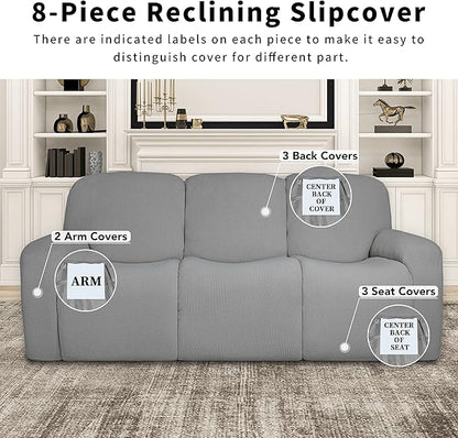 Easy-Going 100% Dual Waterproof Recliner Sofa Cover, 8-Pieces Stretch Relining Couch Cover with Pocket, Jacquard 3 Seat Sofa Slipcover Leakproof Washable (Sofa, Light Gray)