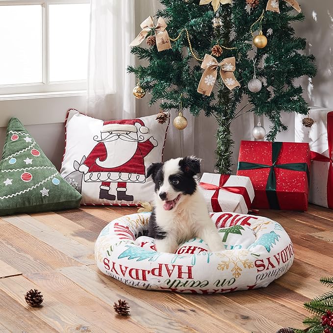 Levtex Home - Santa Claus Lane - 23in x 14in x 6in - Pet Bed - Christmas Sentiment and Santa - White, Red, Green, Teal, Black - 100% Polyester Velour