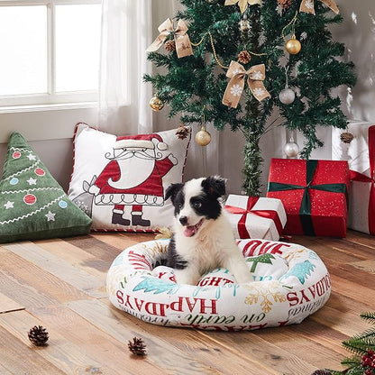 Levtex Home - Santa Claus Lane - 23in x 14in x 6in - Pet Bed - Christmas Sentiment and Santa - White, Red, Green, Teal, Black - 100% Polyester Velour