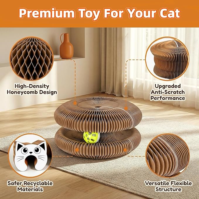 Twisty Paws Cat Toy - 2 Pack Magic Organ Kitty Curl Scratcher, Interactive Magnetic Cardboard Shape Shifting, Reversible Accordion Kurlz Board with Bell-Ball for Indoor Cats