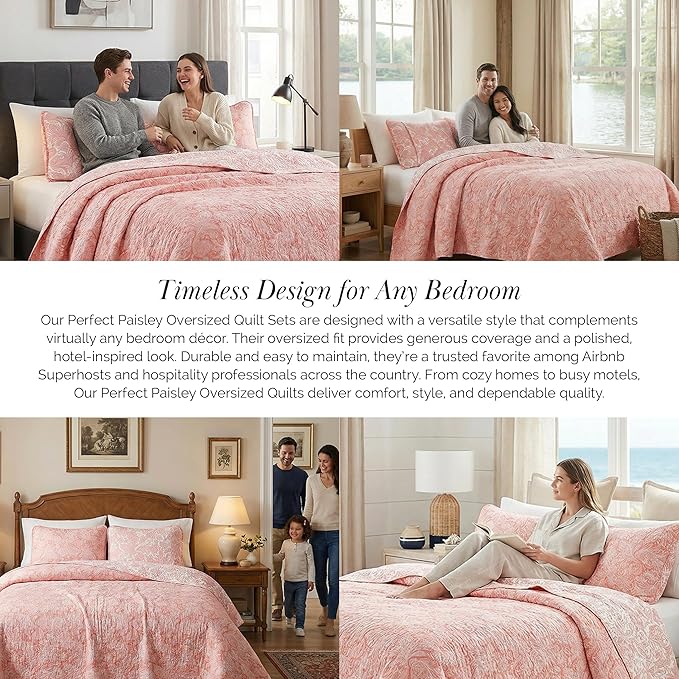 Southshore Fine Living, Inc. Paisley Quilt Set King/California Size, Light Weight Bedspread, 3-Piece Set Bohemian Bedding with Two Matching Quilted Pillow Shams, Cal/King Quilt, Reversible Coral