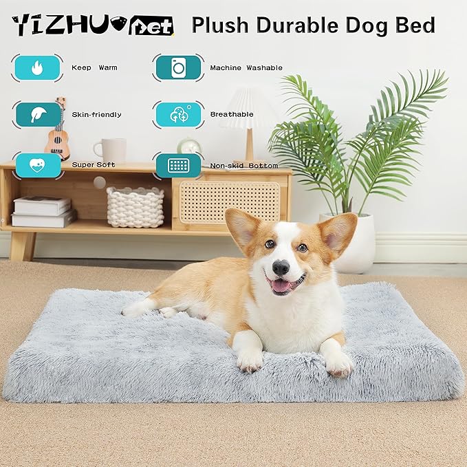 Dog Bed, Dog Crate Pad with Removable Washable Pet Mat Cover, Non-Slip Bottom, Waterproof Orthopedic Dog Beds for Large/Medium/Small Dogs (M(30''x20''x3''), Grey)