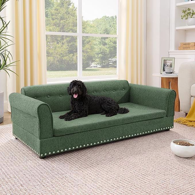 Elevated Dog Sofa for Medium to Large Dogs, Button Tufted Dog Couch Bed with Backrest and Armrests, Durable Memory Foam Pet Bed, Removable Cushion for Medium and Large Dogs, Green
