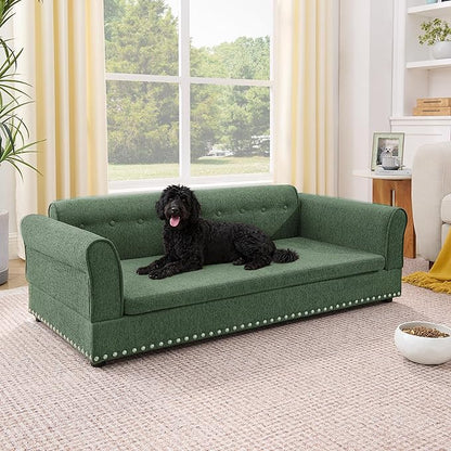 Elevated Dog Sofa for Medium to Large Dogs, Button Tufted Dog Couch Bed with Backrest and Armrests, Durable Memory Foam Pet Bed, Removable Cushion for Medium and Large Dogs, Green