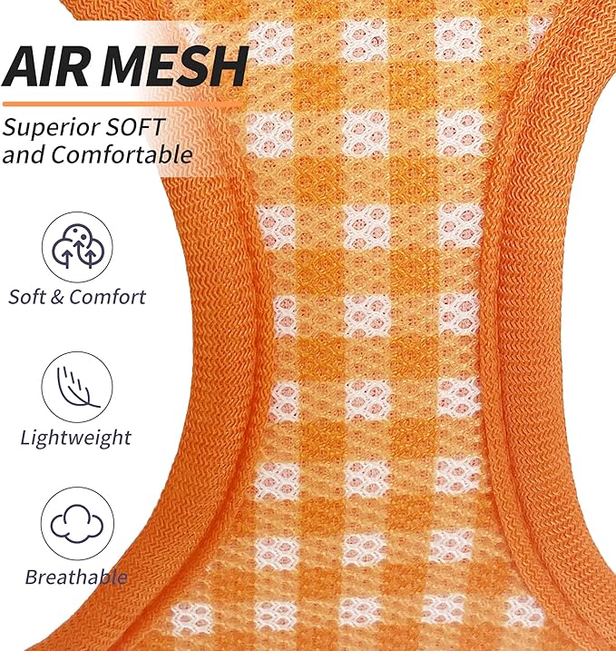 AIITLE Medium Dog Harness – Breathable Mesh with Plaid Design & Dual D-Rings – Secure Fit for Camping, Hiking & Daily Adventures (L, Orange)