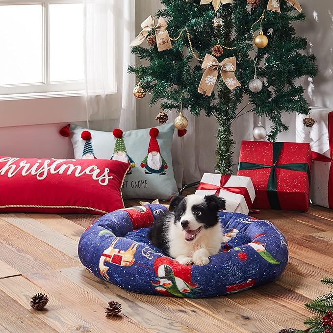 Levtex Home - Gnome for The Holidays - 23in x 14in x 6in - Pet Bed - Playful Christmas Gnomes - Blue, Red, White, Green, Teal, Taupe - 100% Polyester Velour