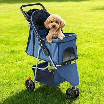 NEWBULIG 3 Wheel Pet Stroller for Dogs and Cats, Foldable, Lightweight and Durable, Ideal for Small to Medium Pets, Includes Storage Basket and Cup Holders