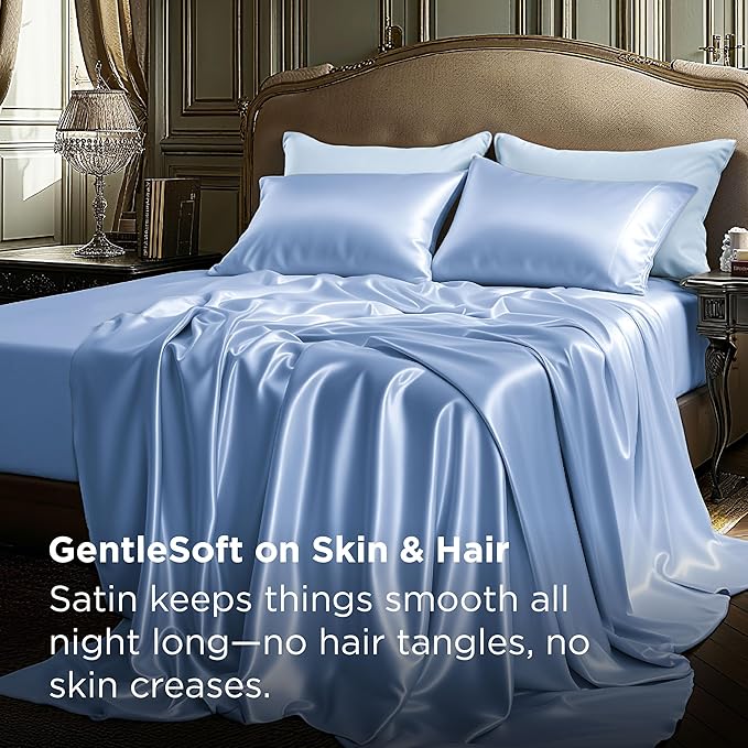 Bedsure Satin Sheets Full Size - 4 Piece Silky Bedsheets with Elastic Corner Straps and 15 Inches Deep Pocket Fitted Bedsheet,1 Flat Sheet, 2 Satin Pillowcases, Good for Hair & Skin (Full, Sky Blue)