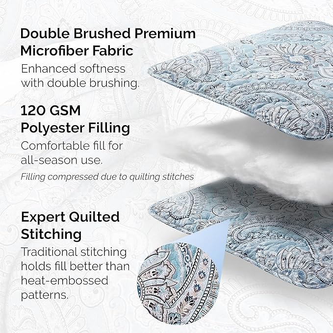 Southshore Fine Living, Inc. Twin XL Comforter Quilt Set, Dorm Bedding Essentials, Stain Resistant, Machine Washable Paisley Boho Bed Spread, Twin XL Quilt Bedspread Set w/Pillow Sham, Paisley Aqua